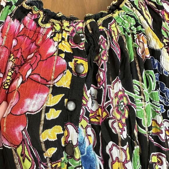 Me 2 Magic Anthropologie Maxi Dress 1X Dark Floral Metallic Tiered Smocked - Picture 4 of 8